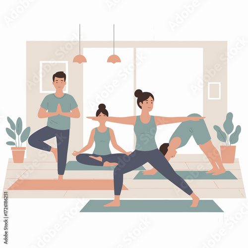 A diverse group of people practicing various yoga poses in a calm studio, embodying a concept of wellness, mindfulness, and healthy lifestyle