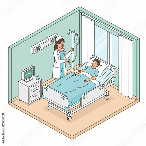 A nurse administers IV therapy to a patient in a hospital room, providing attentive care