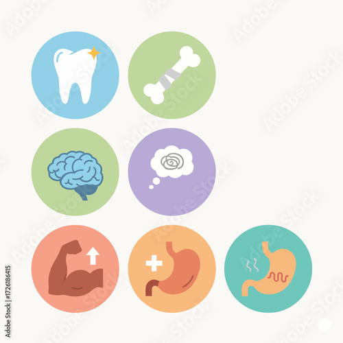 A comprehensive collection of health and wellness icons representing key body systems, including dental, bone, brain, muscle, and digestive health concepts