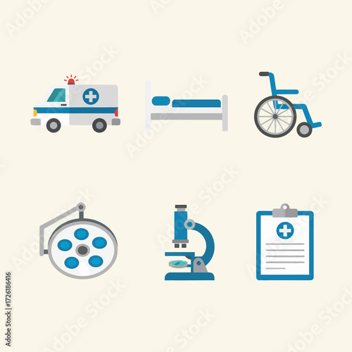 Collection of medical icons representing healthcare services and equipment