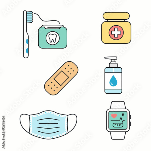 Essential Health and Hygiene Icons Dental Care, Protection, and Monitoring