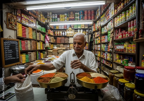 Fototapeta Naklejka Na Ścianę i Meble -  Elderly shopkeeper weighing spices in a traditional Indian grocery store filled with colorful goods, showcasing the vibrant culture and commerce of India.