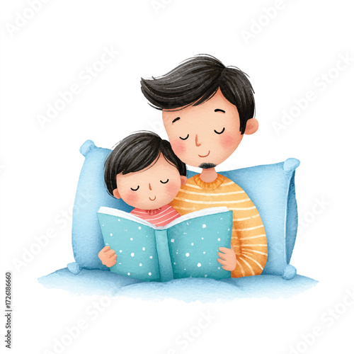 Father and child reading a book together in bed, a heartwarming family moment.