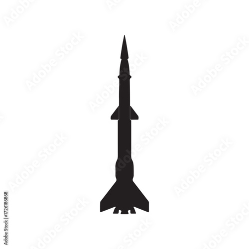 Black Silhouette of Missile, Showing Fins and Warhead Design on White