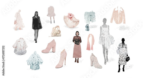 Fashionable Apparel and Accessories Collection with Dotted Texture on White Background