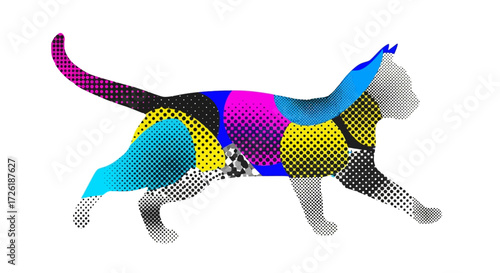 Abstract Cat Silhouette with Colorful Halftone Pattern Design
