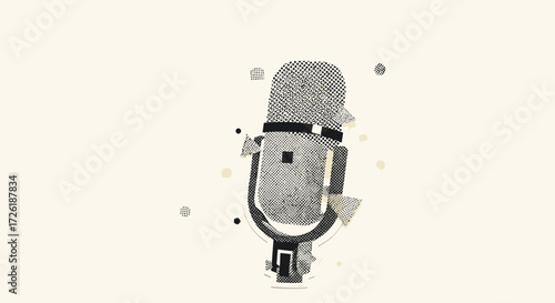 Retro Microphone Illustration with Halftone Pattern and Geometric Shapes