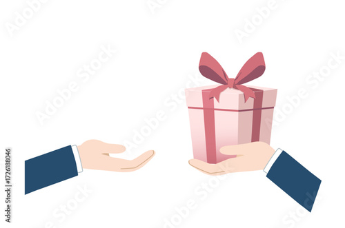 Handing over a pink gift box with red ribbon, flat vector icon for business reward, bonus, finance, investment｜ピンクのプレゼントボックスを手渡すビジネス・経済向けフラットベクターアイコンイラスト