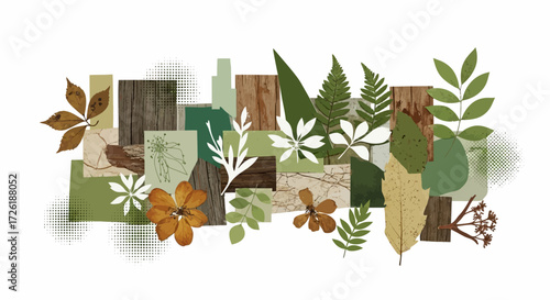 Abstract Collage of Leaves, Wood, and Floral Elements