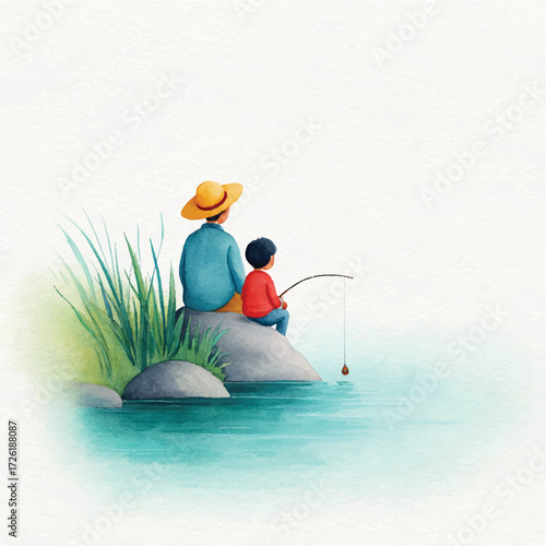 Father and son fishing, serene moment, outdoor activity, peaceful scene, family bonding, happy fatherhood.