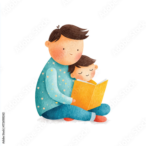 Father and child reading a book together, enjoying quality time and learning.