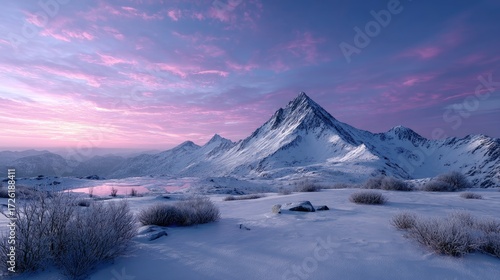 Snow Capped Mountain Peak Landscape at Dawn with Pink Sky Clouds and Shrubs Cinematic HDR Scenery