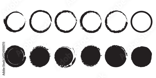 Red grunge circles shapes, grunge round shapes. Paint brush stamp collection. Vector red brush circle. Red grunge circle stamp. Vector illustration.