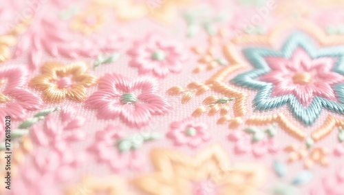 Pastel Floral Embroidery: Delicate Pink, Gold, and Blue Threads