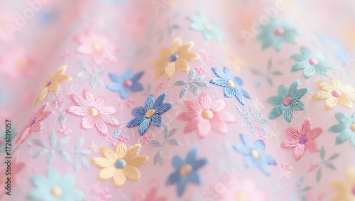 Pastel Floral Embroidery on Sheer Fabric, Soft Focus, Delicate T