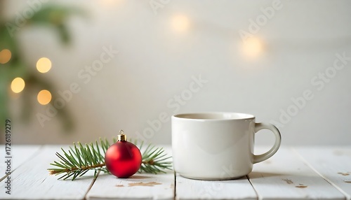 Wallpaper Mural Realistic photo of a white coffee mug near a red Christmas ball, clean table, white background, soft colored light, isolated setup. Torontodigital.ca