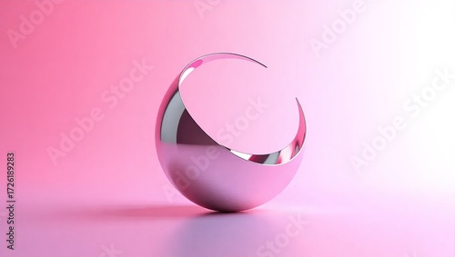 Polished crescent moon sculpture on a pink gradient background,