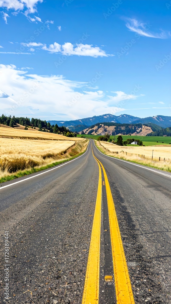 Fototapeta premium A long, straight road cuts through a rural landscape under a bright blue sky