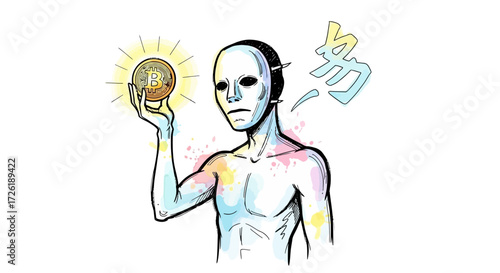 Mysterious Figure Holding a Glowing Bitcoin Cryptocurrency Coin