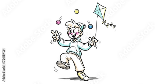 Joyful Boy Juggling Balls and Holding Kite