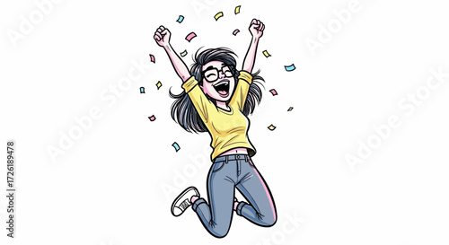 Joyful Cartoon Girl Jumping with Confetti