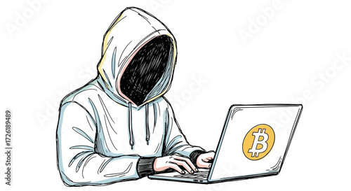 Anonymous Hacker with Bitcoin Laptop, Digital Crime Concept