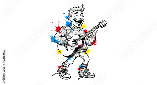 Cartoon Man Playing Acoustic Guitar with Colorful Paint Splatters