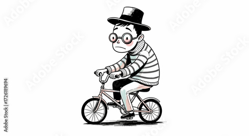 Cartoon Boy with Hat and Glasses Riding a Bicycle