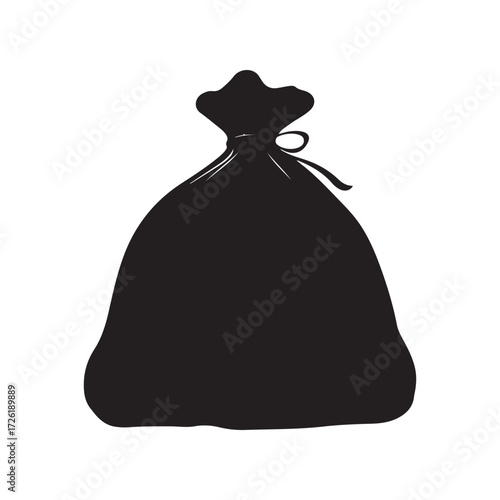 Black silhouette of tied bag isolated on white background with a ribbon