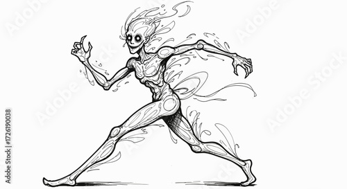 Ink Drawing of a Running, Fluidic, Skeletal Creature