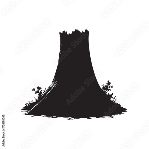 Black Silhouette of Tree Stump with Surrounding Vegetation on White Background