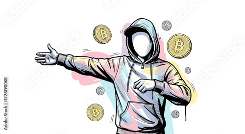 Faceless Figure in Hoodie Reaching for Bitcoin Coins