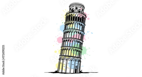 Colorful Drawing of the Leaning Tower of Pisa