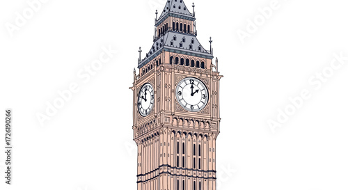 Illustrated Elizabeth Tower, Big Ben Clock Tower, London Landmark