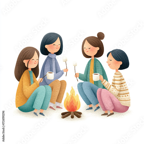 Four friends gathered around a campfire enjoying a cozy evening together.