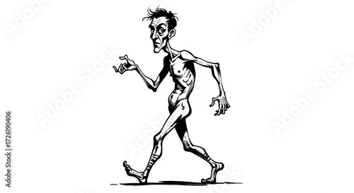 Emaciated Figure Walking, Black and White Illustration