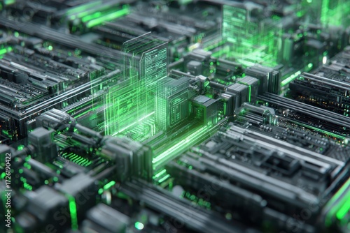 Futuristic Circuitry Network, Intricate Green Glow, Abstract Technology.