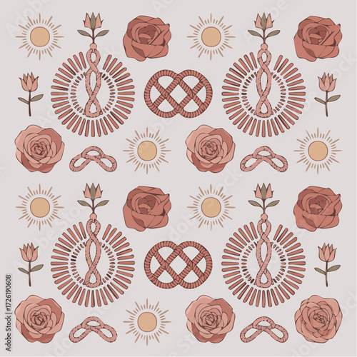 chic tactile repeating pattern of macramé knots, dried roses, and sunbursts on raw fiber-paper texture in terracotta, dusty rose, and nude