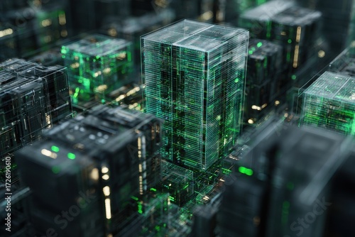 Futuristic Neon-Lit Cyberpunk Cityscape with Glowing Geometric Structures and Digital Data Flow.