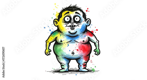Cartoon Fat Man with Watercolor Splashes