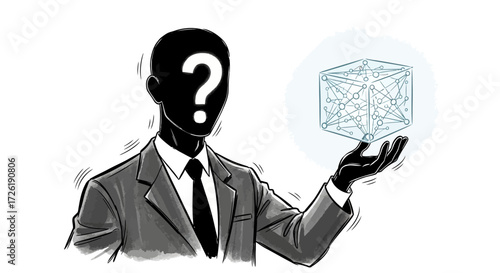 Questioning the Network: Businessman Holds Holographic Cube