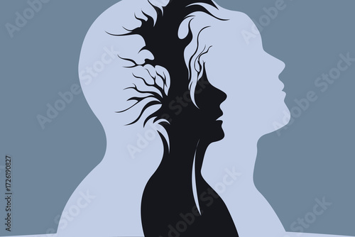 Dual Silhouettes with Tree Leaves – Abstract Trauma and Duality Concept Illustration