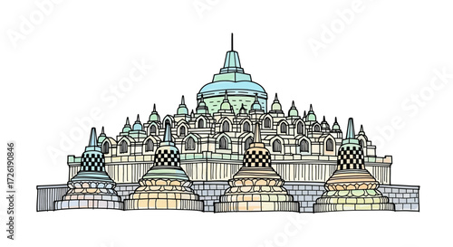 Hand-drawn illustration of Borobudur Temple, featuring numerous stupas and a central dome.