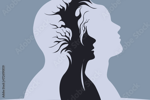 Dual Silhouettes with Tree Leaves – Abstract Trauma and Duality Concept Illustration