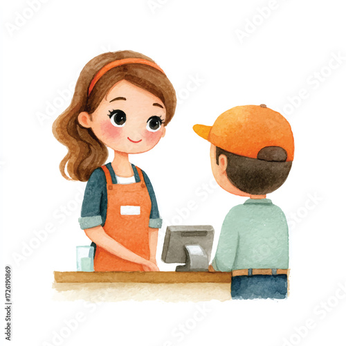 Friendly cashier assisting customer at checkout counter.