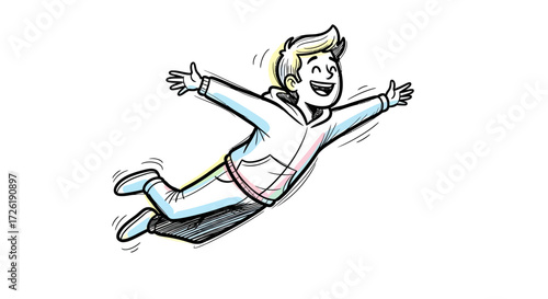 Joyful Cartoon Boy Soaring Through the Air