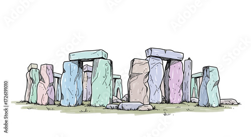 Colorful Cartoon Drawing of Prehistoric Stone Structures