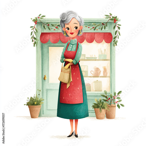 Friendly elderly woman shopkeeper in apron.