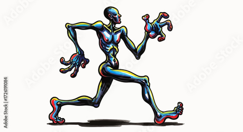 Abstract Running Figure with Elongated Limbs and Colorful Anatomy