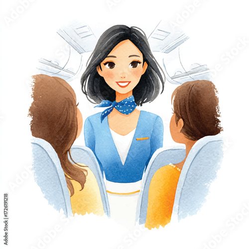 Friendly flight attendant interacting with passengers on airplane.